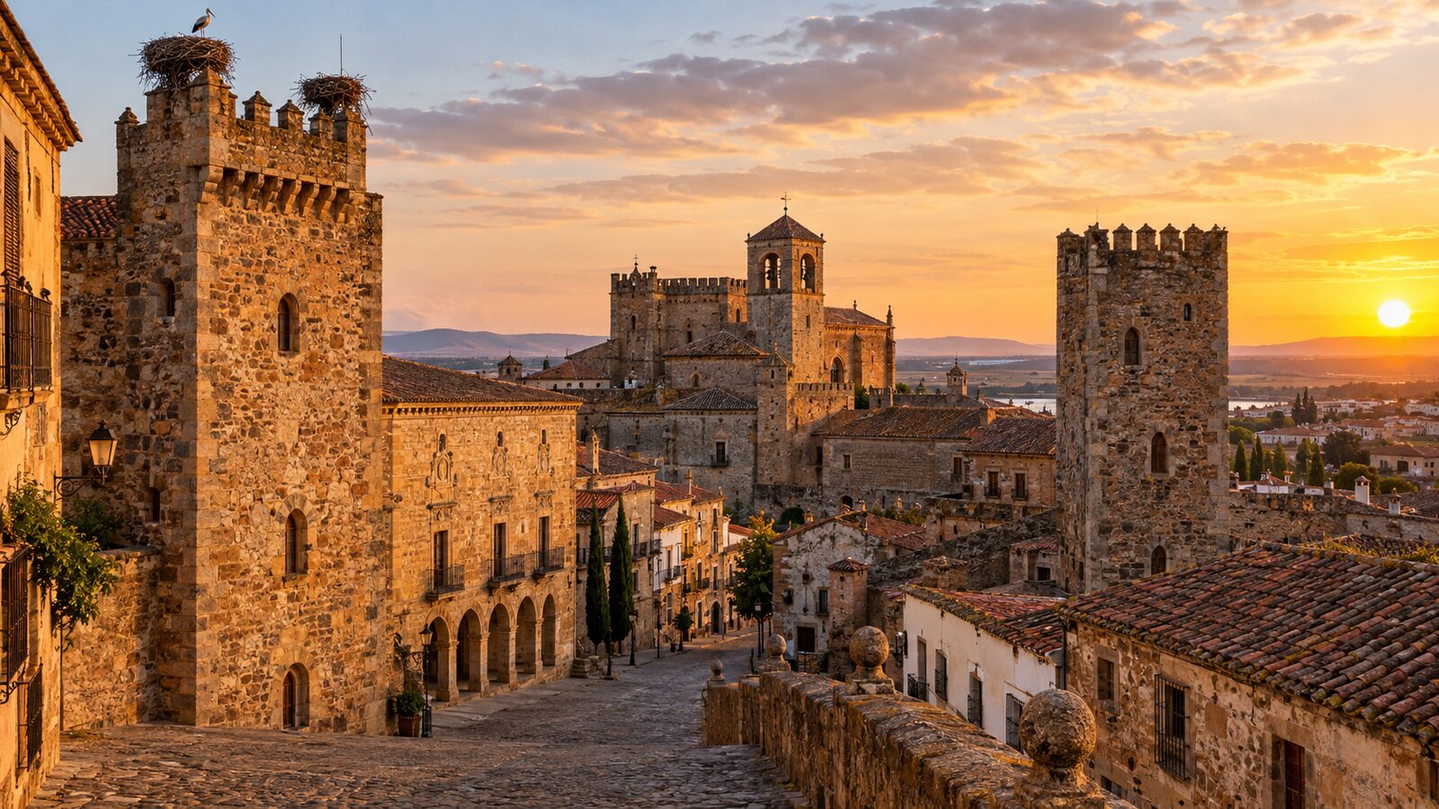 Illustrazione generata con IA di una città monumentale con mura e torri; immagine idealizzata, non una vista reale di Cáceres