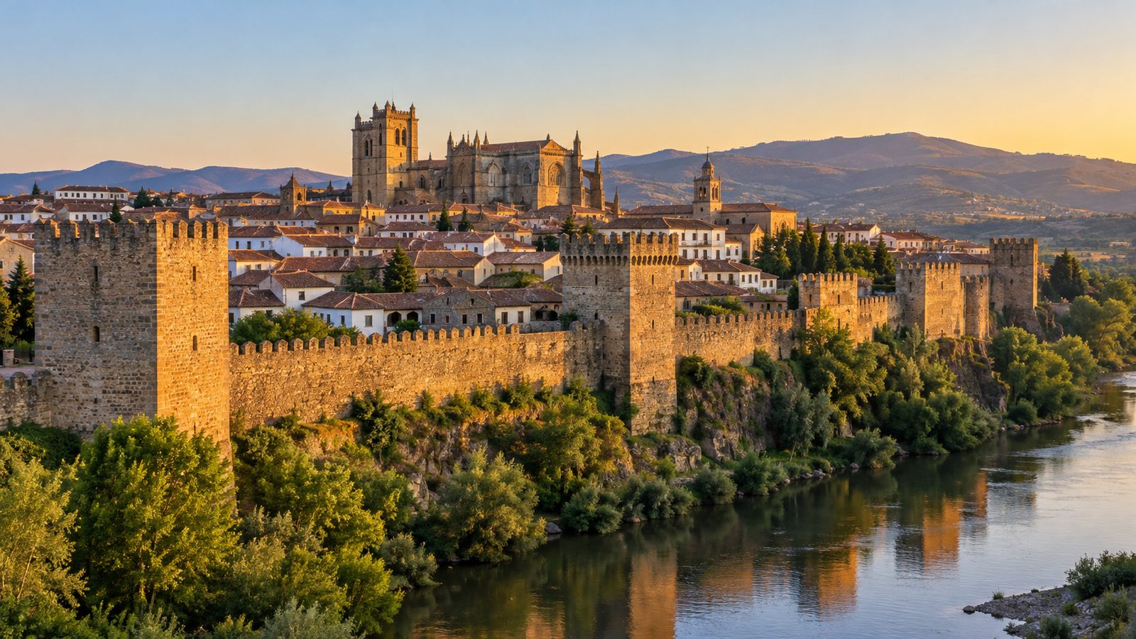 Ilustración generada con IA de una ciudad histórica amurallada junto a un río; imagen idealizada, no una vista real de Plasencia