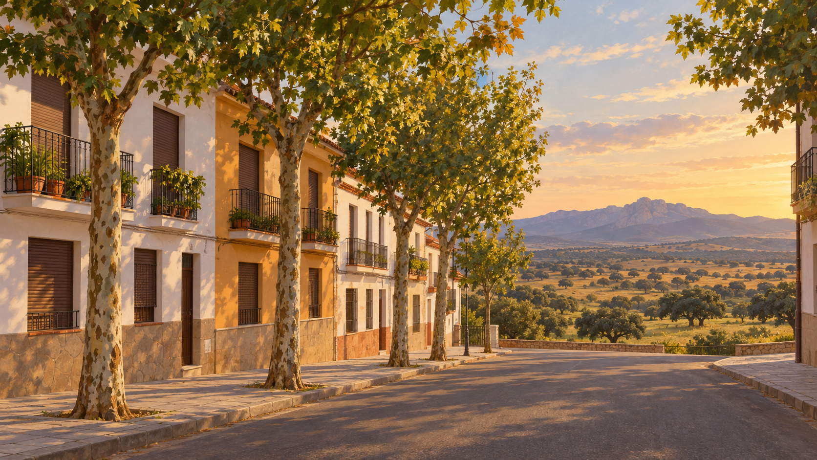 Illustrazione idealizzata generata con IA di una strada residenziale di una piccola città agricola, con pianure di dehesa e una sierra sullo sfondo; non rappresenta dettagli reali di Navalmoral de la Mata.