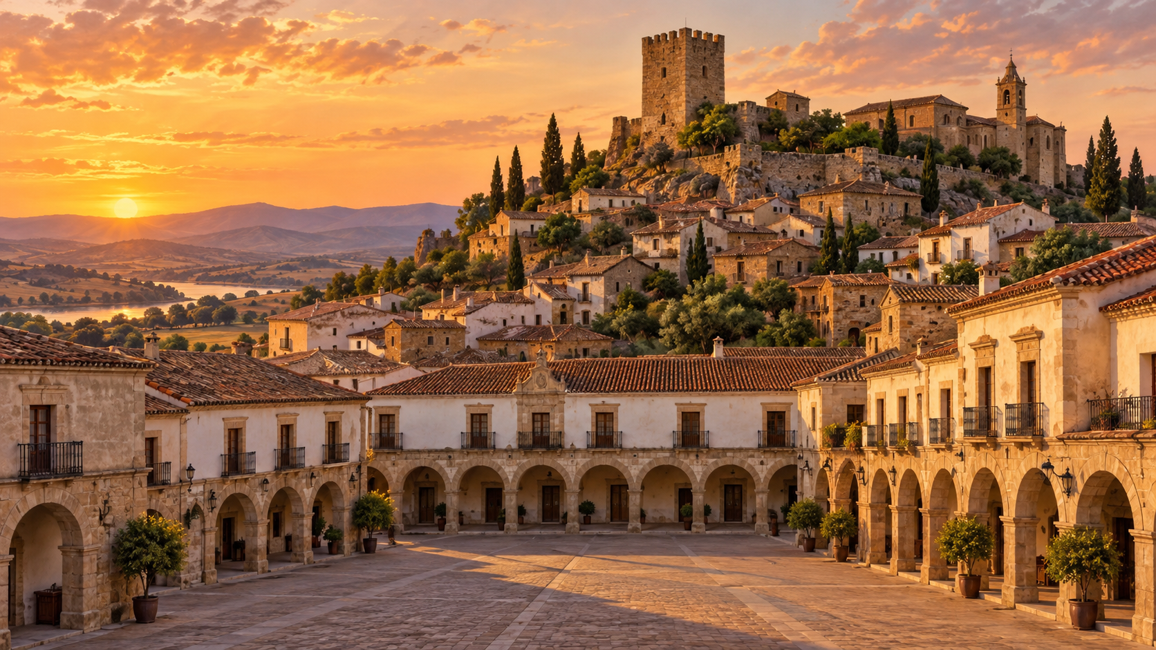 Illustrazione idealizzata generata con IA di una piazza porticata e di un centro storico su una collina al tramonto; non rappresenta dettagli reali di Trujillo.