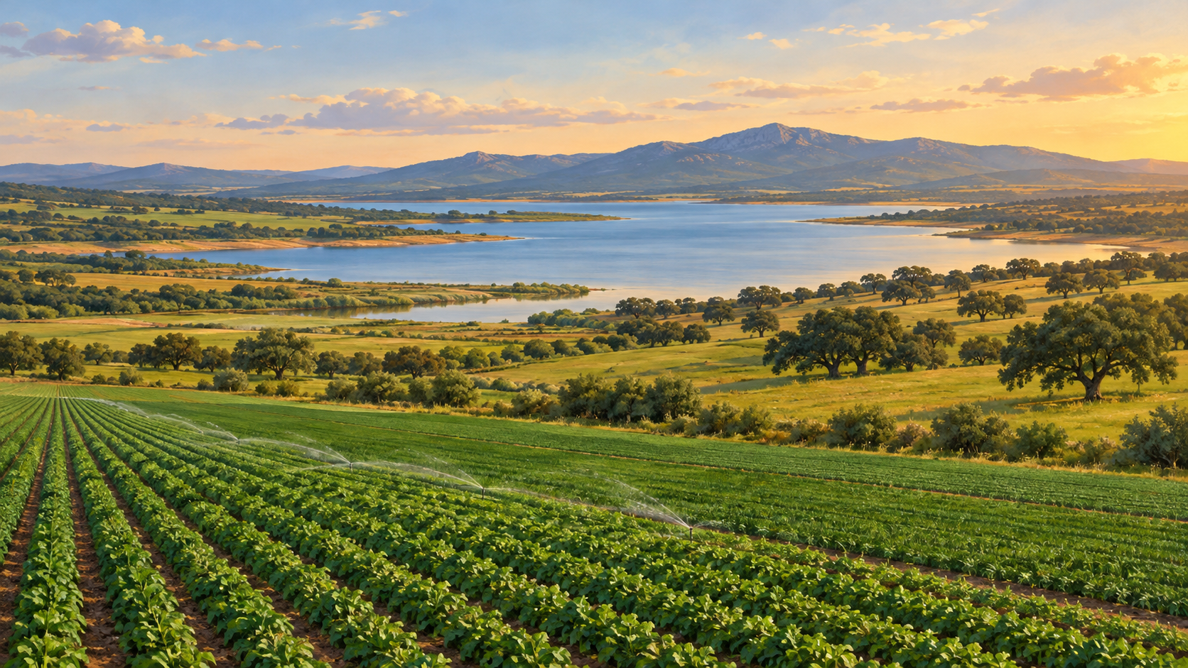 Ilustración idealizada generada con IA de campos de regadío junto a un embalse, con dehesa y sierra al fondo; no representa detalles reales del Campo Arañuelo.