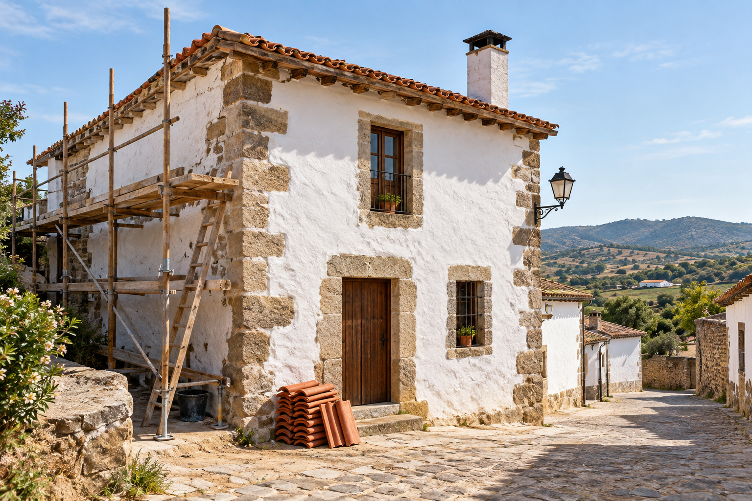 Illustrazione idealizzata generata con IA di una casa di paese estremegna imbiancata a calce, con angoli in pietra, ponteggio e tegole nuove, in una strada acciottolata con dehesa sullo sfondo; non rappresenta un immobile reale.